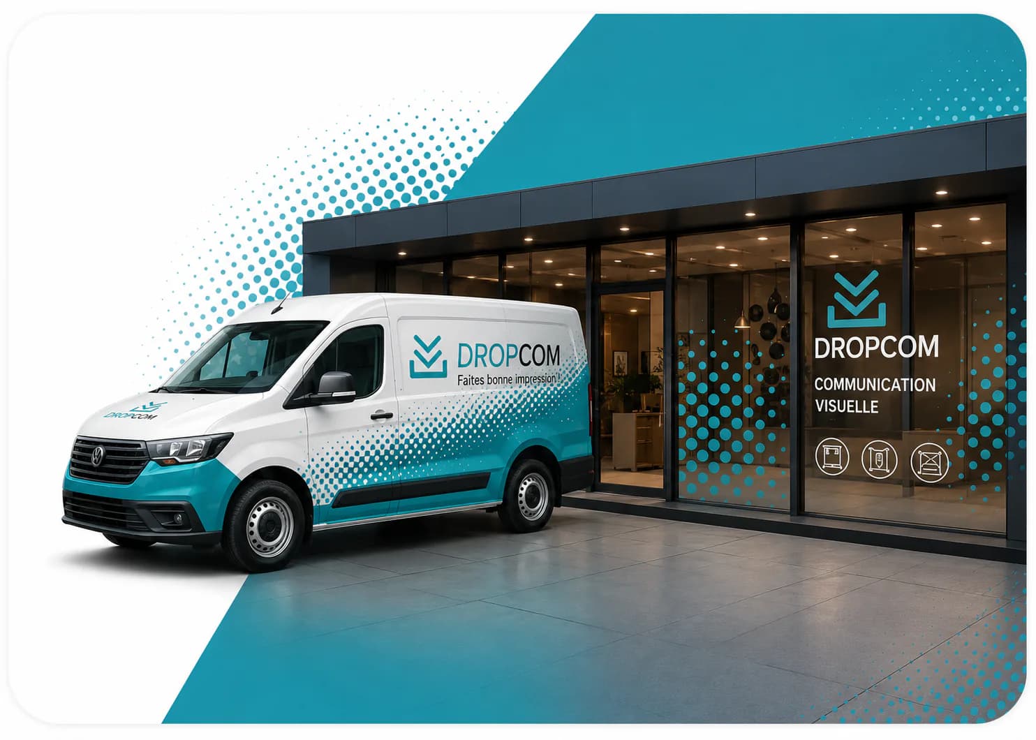 Fourgon et vitrine marqués aux couleurs Dropcom