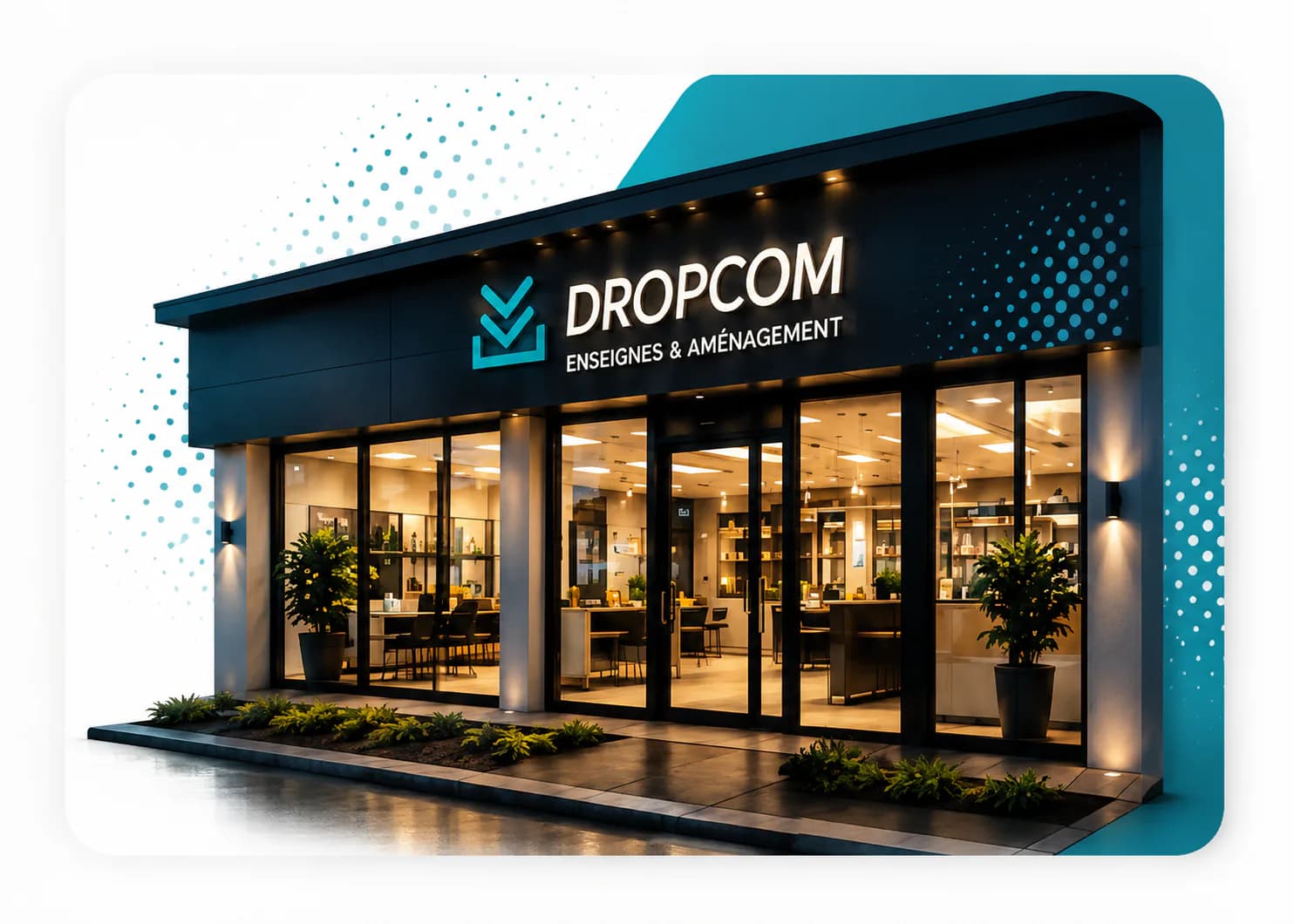 Façade de magasin avec enseigne lumineuse Dropcom