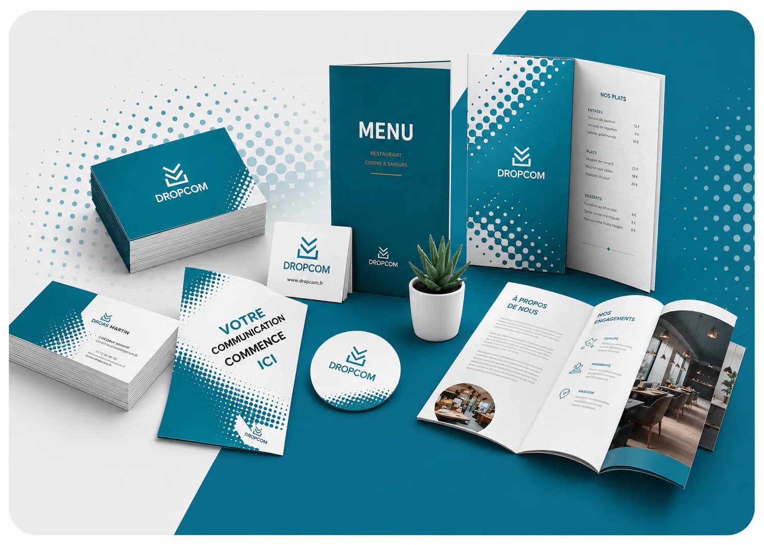 Cartes de visite, brochures, menus et papeterie imprimés Dropcom
